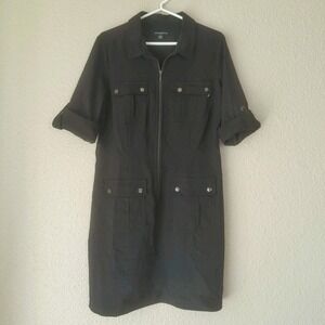 SHARAGANO Women's Black Zip Front Midi Dress, Size‎ 12, Pockets